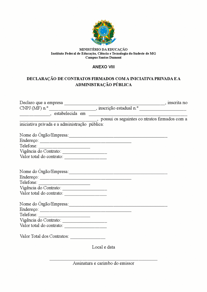 ANEXO VIII - MODELO DECLARAÇÃO CONTRATOS COM INICIATIVA PRIVADA.pdf — IF  SUDESTE MG