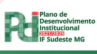 #pratodosverem: a imagem mostra a logomarca do novo PDI, que consiste nas letras P e D, sendo que o D apresenta a ponta superior em vermelho, representando simultaneamente a letra I. O fundo é branco e as letras são verdes, com quadriculados em diversos tons, de forma semelhante à logomarca dos institutos federais. Do lado direito, lê-se Plano de Desenvolvimento Institucional IF Sudeste MG, além do ano de vigência destacado na cor vermelha (2021/2025). Na parte inferior, há, ainda, uma base horizontal, também na cor verde, porém, sem quadriculados.