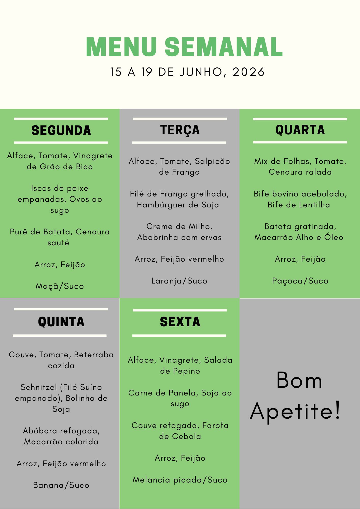 Cardápio 15 a 19 de junho
