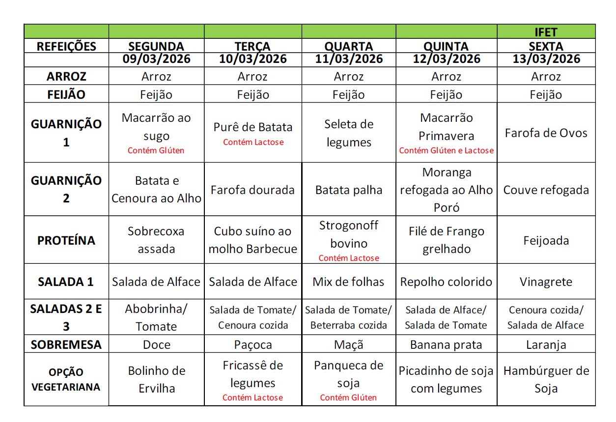 Cardápio 07 a 11 de outubro