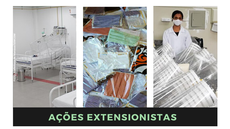 #Pratodosverem: Há três imagens. Na primeira há uma maca de hospital vazia; na segunda várias máscaras de pano espalhadas numa mesa e na terceira uma pessoa de máscara e jaleco brancos próximo a uma bancada com vários protetores faciais. Abaixo das imagens está escrito ações extensionistas.