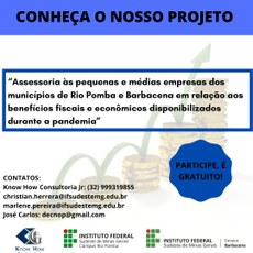 #Pratodosverem: Arte referente ao projeto de extensão,arte com as cores azul e branco. No centro há vários montes de moedas que vão crescendo. Há um seto mostrando esse crescimento. Está escrito "assessoria às pequenas e médias empresas dos municípios de Rio Pomba e Barbacena em relação aos benefícios fiscais e econômicos disponibilizados durante a pandemia. Participe, é gratuito! Há também os contatos das empresas. E no fim as logomarcas, do campus Barbacena, rio pomba e da empresa júnior know How.