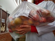 #Pratodosverem: uma mão segurando um saco com frutas.