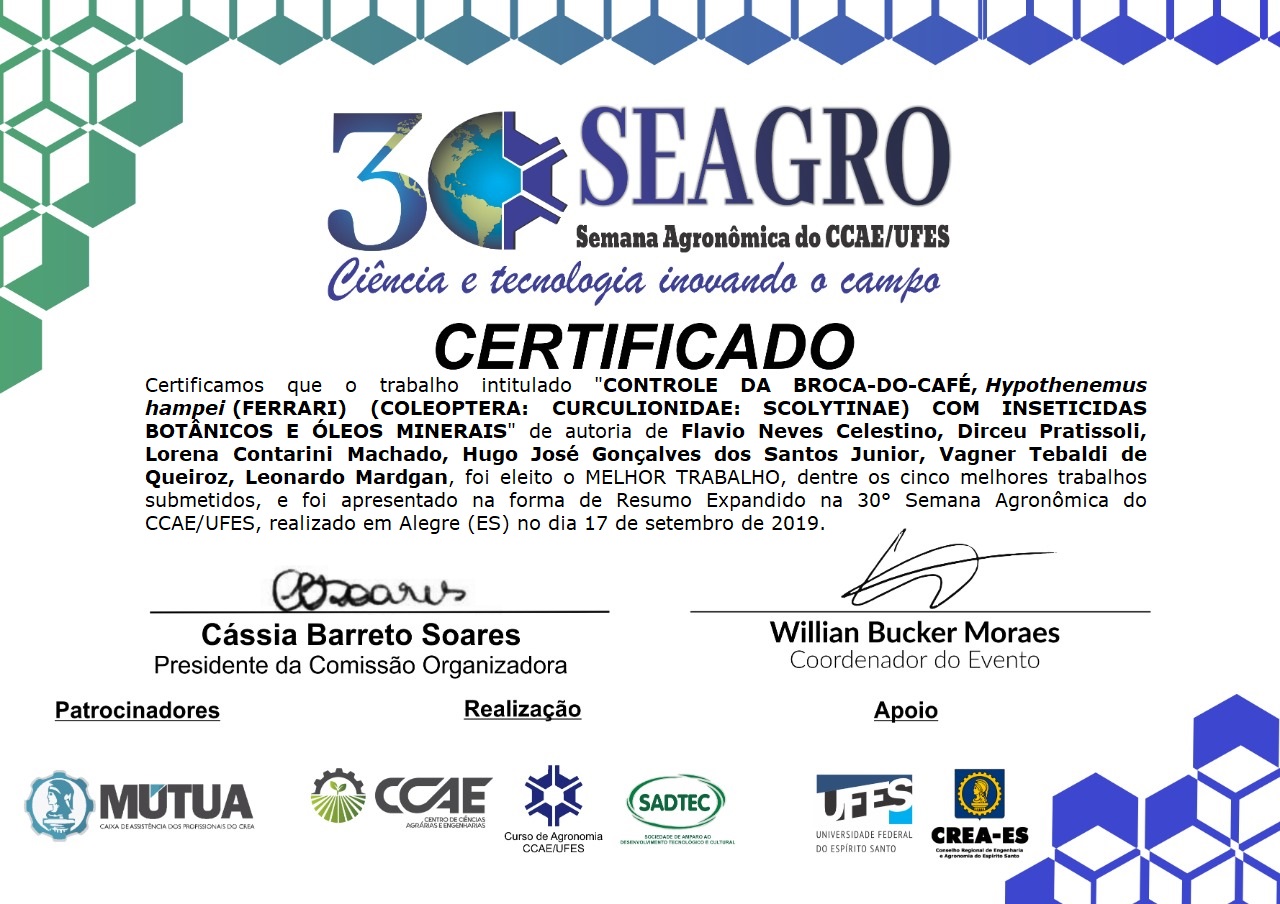 Certificado de melhor trabalho 30ª SEAGRO