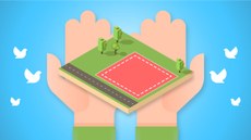 #pratodosverem: na ilustração, há duas mãos dispostas com as palmas para cima, sobre as quais está representada a área de um terreno, com um quadrado delimitando parte do espaço, além de uma estrada e área verde no entorno do quadrado interno.