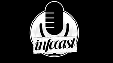 #pratodosverem: a imagem mostra a logomarca em preto e branco do projeto Infocast. É representada por um microfone, no estilo dos que se costumava usar em rádios. O nome Infocast junto a ele.