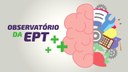 Descrição: a imagem contém o nome do projeto Observatório da EPT acompanhada da representação de um cérebro cuja metade direita é composta por ferramentas como lápis, chave de boca, microscópio e capacete, por exemplo, em meio a engrenagens.
