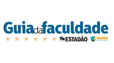 #Pratodosverem: a logo é formada pelo nome "Guia da Faculdade" em tons de azul e preto. Abaixo há seis estrelas amarelas. À esquerda, há as logos do Estadão e do Quero Educação.
