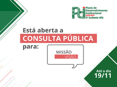 Logo do PDI em fundo branco com os dizeres: Está aberta a Consulta Pública para Missão e Visão, até dia 19/11, participe!