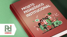 #Pratodosverem: Imagem traz um livro vermelho com o nome "Projeto Pedagógico Institucional" e sete pessoas, entre homens e mulheres, de diferentes biotipos, com balões e gestos simbolizando uma conversa ou reunião. No canto esquerdo, há a logo do PDI.