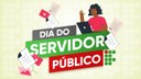 #Pratodosverem: Imagem com fundo amarelo bem claro composto por logos do IF em branco, No meio, há a expressão "Dia do Servidor Público!", a logo do IF Sudeste MG está ao lado da última palavra; e uma servidora negra, com uma blusa vermelha, trabalhando em um note book. Vários papéis flutuam pela imagem.