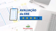 #Pratodosverem: Sobre um fundo com elementos de uma mesa de trabalho (caneta, papéis, notebooK), em tons de azul, cinza e branco, a expressão "Avaliação do ERE", seguida por um desenho de 5 estrelas em que 4 estão preenchidas de amarelo. Abaixo disso, a logo do Projeto Reencontro.