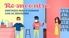 #Pratodosverem: imagem da capa do e-book: dividida em três partes. Da esquerda para a direita: fundo amarelo, cenário de laboratório, e um homem moreno com máscara; fundo azul, cenário de sala de aula, um professor negro com máscara e um álcool gel perto do quadro; fundo rosa, cenário de biblioteca, uma mulher morena de máscara. Em cima, a logo do Projeto Reencontro e o nome do e-book.