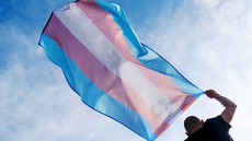 #pratodosverem: a imagem é uma fotografia onde aparece uma bandeira listrada nas cores rosa, azul e branco. A bandeira está suspensa pelo vento e é segurada por uma pessoa que aparece parcialmente de costas.