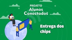#Pratodosverem: Arte com fundo verde. Na parte inferior esquerda, uma aluna está sentada num globo terrestre, enquanto dois alunos seguram um chip. No meio da arte, na parte superior, está escrito: "Projeto Alunos Concetados", e, na parte inferior direita, há a expressão "entrega de chips".