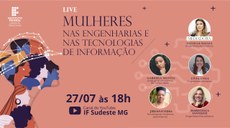 #Pratodosverem: arte de divulgação do evento, em fundo rosa. Traz o nome da live, uma imagem feminina com capacete, formada por diversos rostos de mulher. Além disso, a imagem traz fotos e nomes das 5 participantes do evento.