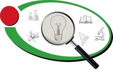 Uma elipse verde com um círculo vermelho à esquerda. Dentro do desenho, imagens de tubos de laboratório, átomo, livro, microscópio, esquadro e lápis. Ao centro, um lâmpada com uma lupa.