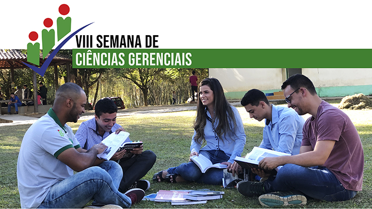 No topo da imagem, uma faixa branca, com a logo do evento nas cores verde e vermelho. Em preto, o escrito "VIII Semana de". Logo abaixo uma faixa verde, com o escrito em branco: "Ciências Gerenciais". Abaixo uma foto de cinco estudantes sentados na grama. Eles estão com livros nas mãos. Entre eles, no chão também há livros.