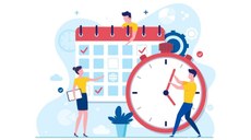 #Pratodosverem: Desenho apresenta um calendário e um relógio. Três pessoas interagem com os objetos.