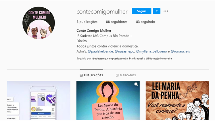 Conte comigo mulher #Pratodosverem: Reprodução da imagem da página do coletivo no Instagram. Há o símbolo do grupo com imagem de braços femininos erguidos. À direita, estão os dados gerais sobre a página. Abaixo, aparecem algumas imagens das postagens já feitas.