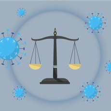 #Pratodosverem: Imagem ilustrativa. Ao centro, há uma balança da Justiça. Ao redor, imagens do coronavírus. O fundo é azul.