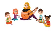 #Pratodosverem: Imagem ilustrativa. Desenho de uma mulher ao centro da imagem com um violão. Há quatro crianças a seu redor. O menino à esquerda tem chocalhos nas mãos. A menina a seu lado toca triângulo. À direita da mulher, um menino tem um xilofone a sua frente e está com baquetas nas mãos. A última criança, uma menina, toca flauta.