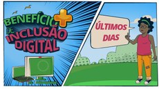 #Pratodosverem: Imagem dividida em duas partes. Na primeira, à direita, há a expressão "Benefício de Inclusão digital", embaixo um computador desktop e um notebook. Do outro lado, esquerdo, há uma jovem e um balão com a expressão "últimos dias". As cores azul, verde e vermelho predominam na imagem.