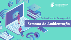 #Pratodosverem: Imagem ilustrativa. À esquerda, há o desenho de um computador em cima do teclado há uma mulher, apertando na tela em que aparece o símbolo do YouTube. Em cima do teclado, está um homem com outro computador no colo. Ao redor dessa imagem principal, há elementos que remetem ao ensino virtual: livros, capelo, prancheta, papel, lápis, sinal de wifi, fone de ouvido, celular e relógio. Á direita, há a logo do Campus e o texto "Ensino Remoto Emergencial / Semana de Ambientação".