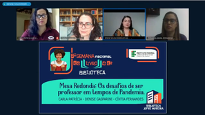 #Pratodosverem: Print da tela do Youtube com a mesa redonda formada pelas professoras. No topo, aparecem as imagens de Carla Garcia, Cíntia Marcellos, Denise Gasparini e da mediadora Fernanda Amaral. Abaixo, há a ilustração com o nome da palestra e a logo do evento.