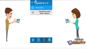 #Pratodosverem: Imagem da apresentação do Speckle for Milk. Há o desenho de duas pessoas, usando o aplicativo. No meio delas, a reprodução da tela do celular.