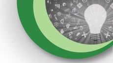 #Pratodosverem: Imagem que compõe a ilustração do evento. Há duas elipses em tons de verde. Ao centro delas, há uma lâmpada no fundo cinza com desenhos que ilustram a pesquisa, como gráficos, imagem de DNA, microscópio, tubos de ensaio.