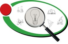 #Pratodosverem: Logo do Simpósio. Formado por uma elipse verde semi aberta. À esquerda, há um círculo vermelho. Dentro da elipse, há imagens de elementos ligados à ciência e à educação, como microscópio, átomo e livro. Ao centro, uma lâmpada e uma lupa em cima dela.