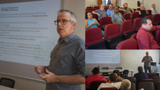 #pratodosverem: Imagem mostra diferentes momentos da conversa de pró-reitores do IF Sudeste MG com servidores do Campus Santos Dumont no auditório