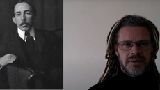 #pratodosverem: Imagem mostra à esquerda uma foto de Alberto Santos Dumont e à direita o professor Antonio Henrique Carvalho. Reprodução: canal Baú da História / YouTube.