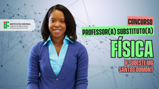 #pratodosverem: Imagem indica concurso para professor substituto de Física no IF Sudeste MG em Santos Dumont. À esquerda, aparece uma imagem de uma mulher, professora de Física.