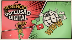 #pratodosverem: Arte de divulgação do Benefício de Inclusão Digital. Identidade visual de história em quadrinhos. Aluno levanta os braços e diz "uau". À direita, ícones relacionados a internet, como globo, correio eletrônico e play.