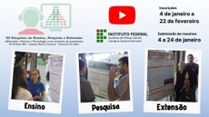 #pratodosverem: Imagem mostra logomarca do III Simpósio de Ensino, Pesquisa e Extensão: Educação, Ciência e Tecnologia num contexto de pandemia. Aparecem logomarcas do Campus Santos Dumont e do YouTube. Também estão na imagem os prazos para inscrições - 4 de janeiro a 22 de fevereiro - e submissão de resumos - 4 a 24 de janeiro. Abaixo aparecem apresentações de trabalho correspondentes a Ensino, Pesquisa e Extensão em 2019.