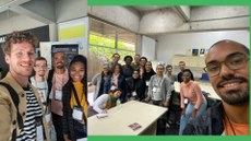#ParaTodosVerem:imagem com duas fotos, na primeira os estudantes e o professor, sendo três homens e uma mulher, em uma selfie. Na segunda os estudantes posam para a foto junto com o grupo de estudos.