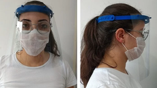 #pratodosverem: Imagem indica demonstração do que são os protetores faciais. À esquerda, uma mulher aparece de frente, utilizando o EPI. À direita, ela é mostrada de perfil, também com o equipamento. Imagem: Reprodução (Projeto Hígia).