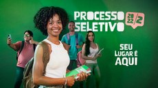 #pratodosverem: Imagem mostra quatro estudantes do IF Sudeste MG divulgando Processo Seletivo 2022.2 da instituição e slogan "Seu lugar é aqui".