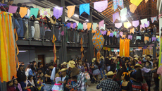 #pratodosverem: Imagem mostra Bloco 1 do IF Sudeste MG, decorado com bandeirinhas e outros adereços, durante quadrilha caipira. 