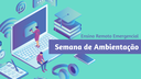 #Pratodosverem: Imagem ilustrativa. À esquerda, há o desenho de um computador em cima do teclado há uma mulher, apertando na tela em que aparece o símbolo do YouTube. Em cima do teclado, está um homem com outro computador no colo. Ao redor dessa imagem principal, há elementos que remetem ao ensino virtual: livros, capelo, prancheta, papel, lápis, sinal de wifi, fone de ouvido, celular e relógio. Á direita, há o texto "Ensino Remoto Emergencial / Semana de Ambientação".