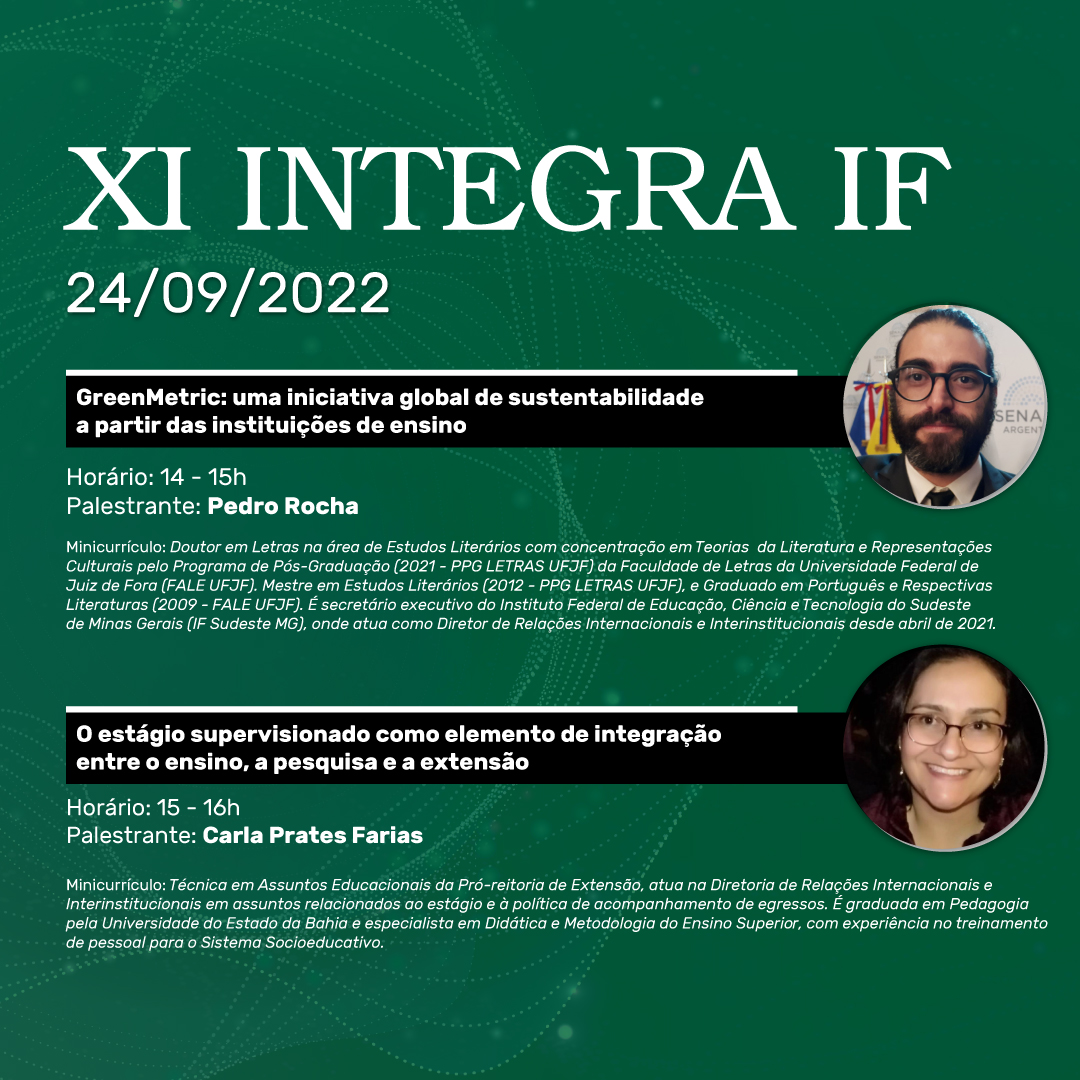 Como parte das atividades do segundo semestre de 2022, o IF Sudeste MG- Campus São João del-Rei apresenta no sábado, 24 de setembro, a décima primeira edição do projeto Integra IF, como parte das atividades do sábado letivo.