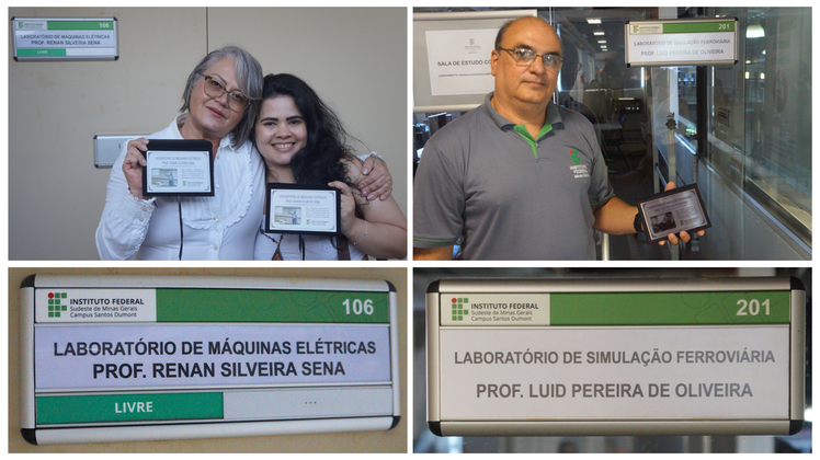 #pratodosverem: Imagem mostra placas de homenagem aos professores Luid e Renan, além dos novos nomes dos laboratórios